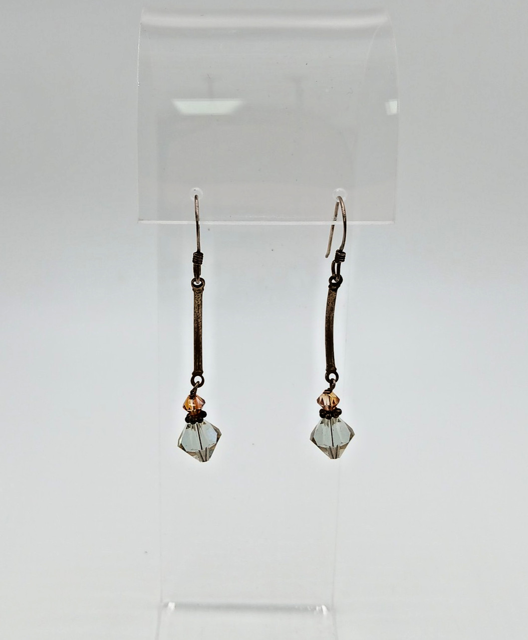 925 Crystal Drop Earrings 1.75in Sterling Silver 2g Aqua Blue Amber Tone Bicone