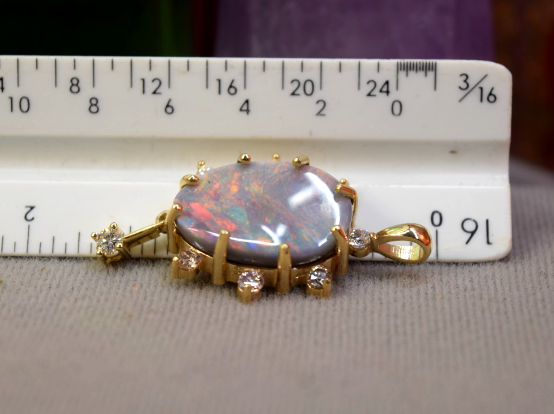 Estate Antique 14K Gold Large 10ct Black Opal Diamond Necklace Pendant