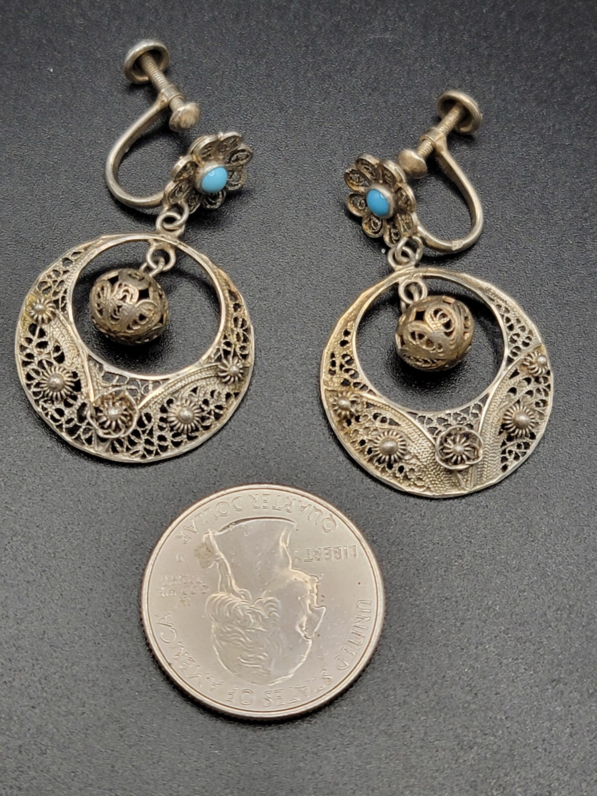 833 Silver Filigree Drop Earrings Turquoise Accent Dangle Vintage Ethnic