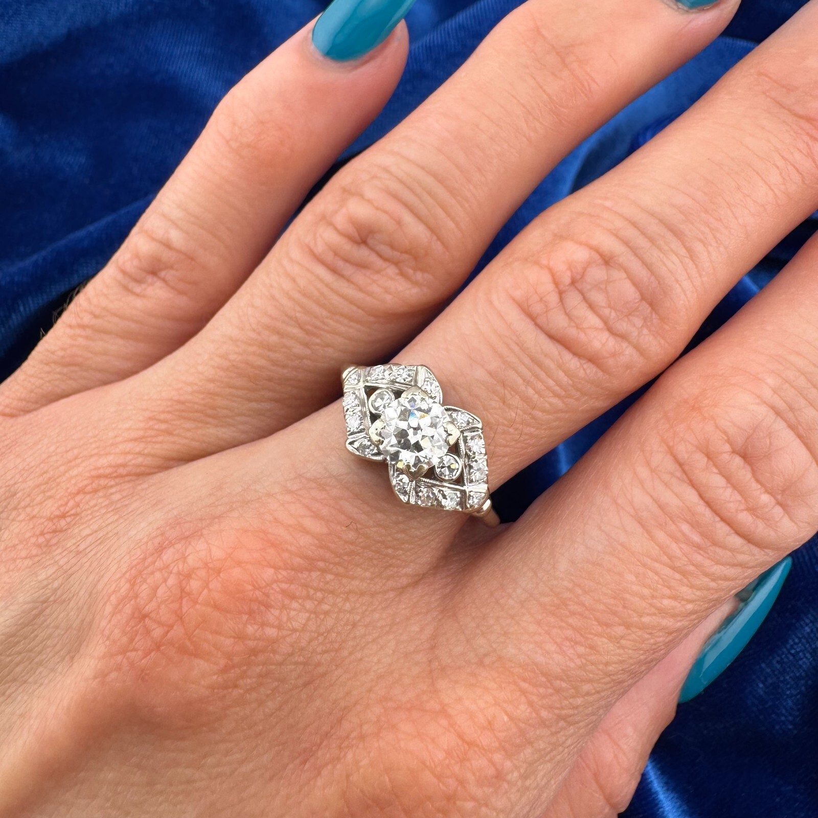 Vintage Art Deco Era 14K White Gold Old European Cut Diamond Ring 0.76ct Center