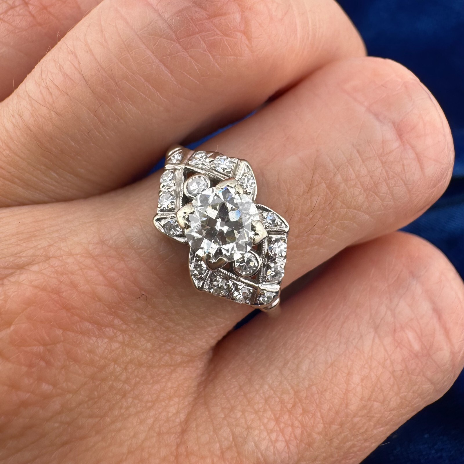Vintage Art Deco Era 14K White Gold Old European Cut Diamond Ring 0.76ct Center