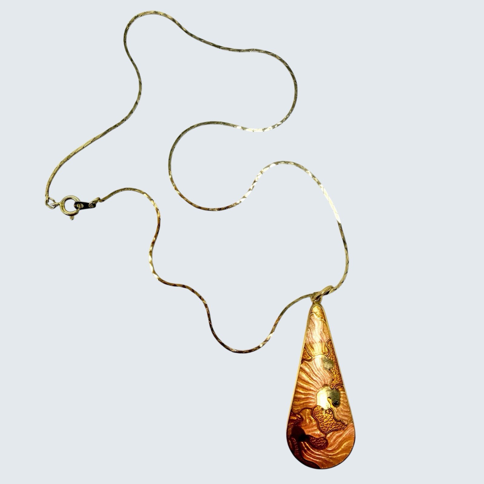 Vtg 80s Cloisonne Teardrop Pendant Necklace Pink Coral Gold Floral Enamel