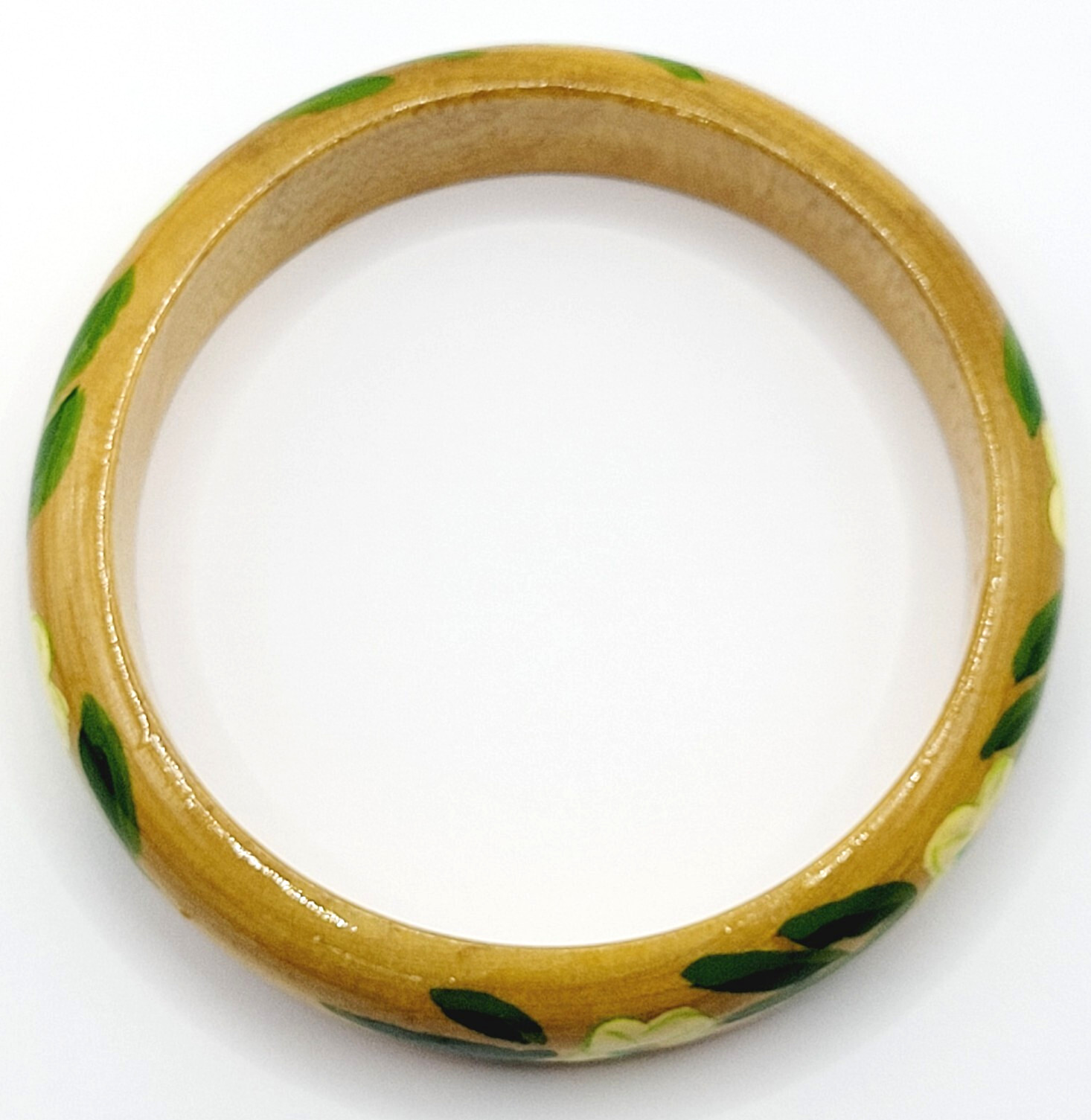Wood Bangle Hand Painted Cream Flowers Green Leaves Lacquered Bangle Bracelet