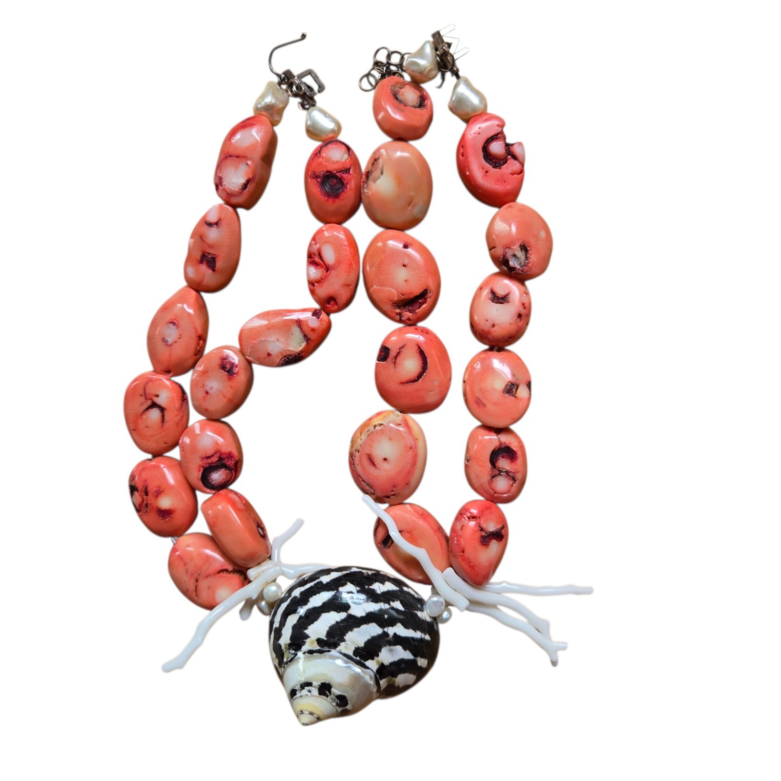 Vtg Red Sea Bamboo Coral Graduated Double Strand Necklace White Coral Accent