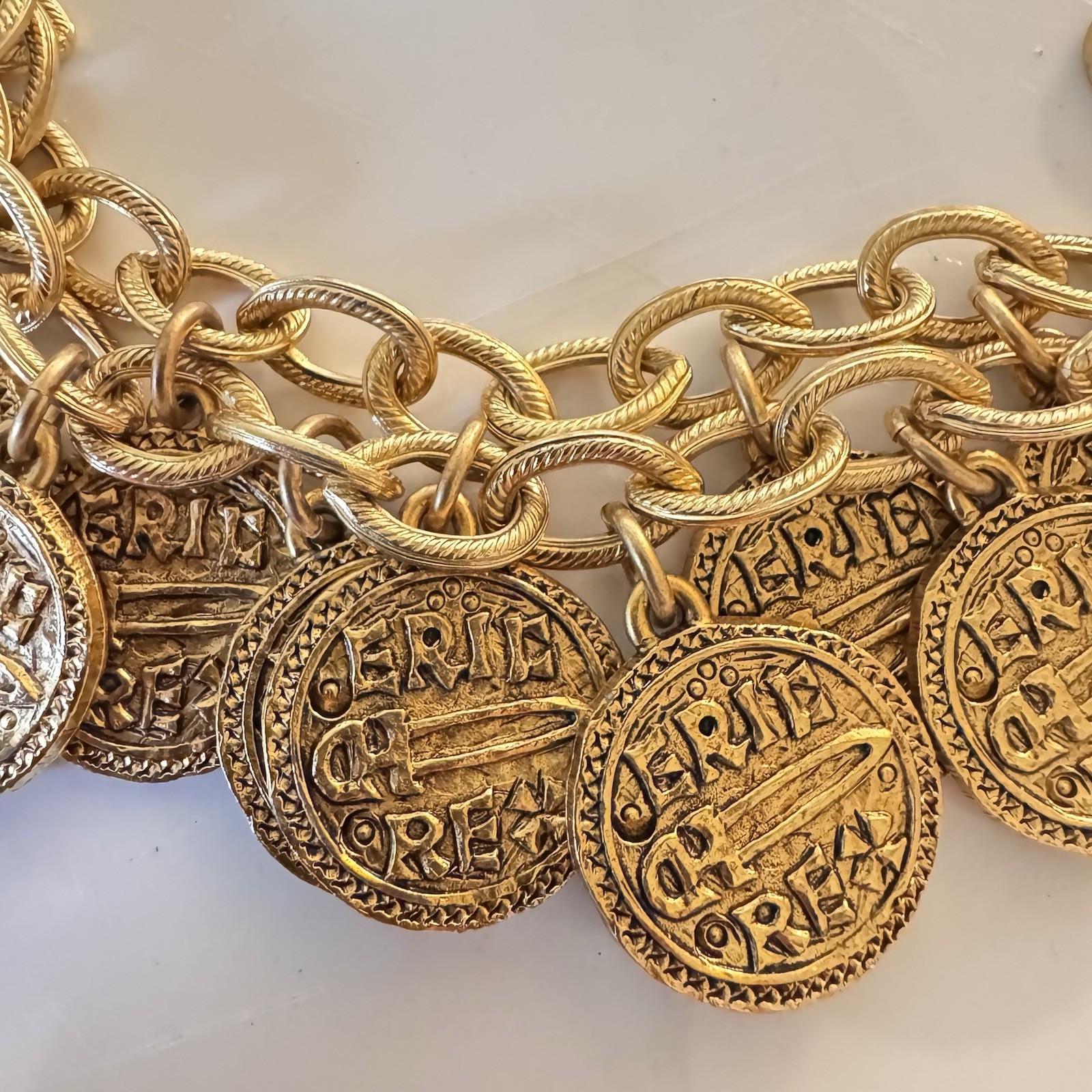 Vintage Stewart Lucas Coin Charm Bracelet, 80s 90s, Etruscan, Byzantine, Signed!