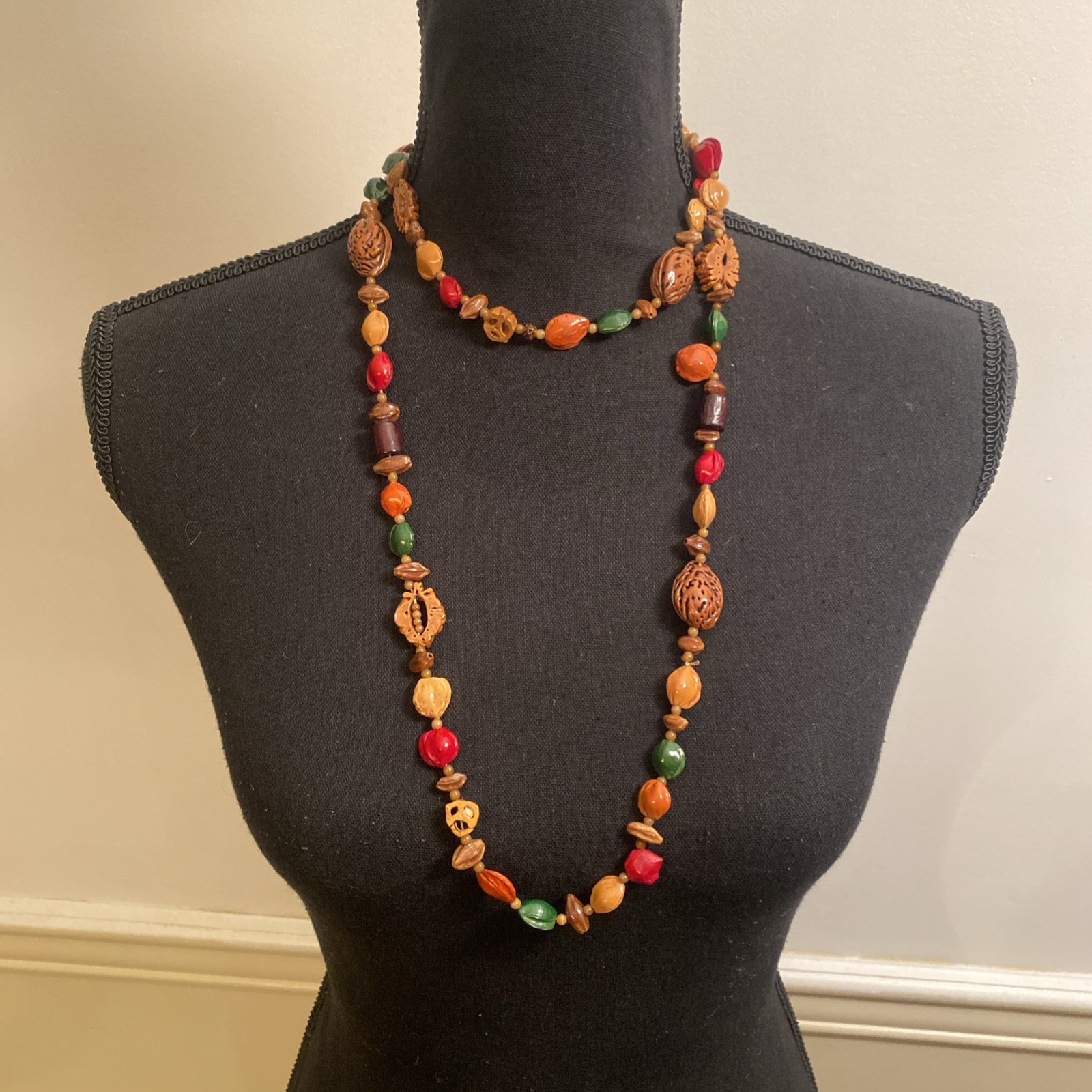 Vintage Boho Long Seed Nut Wood Bead Statement Necklace Colorful Chunky Natural