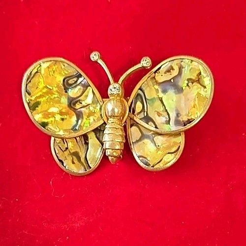 Abalone Paua Shell Jewelry vintage Butterfly Rhinestone Brooch Pin