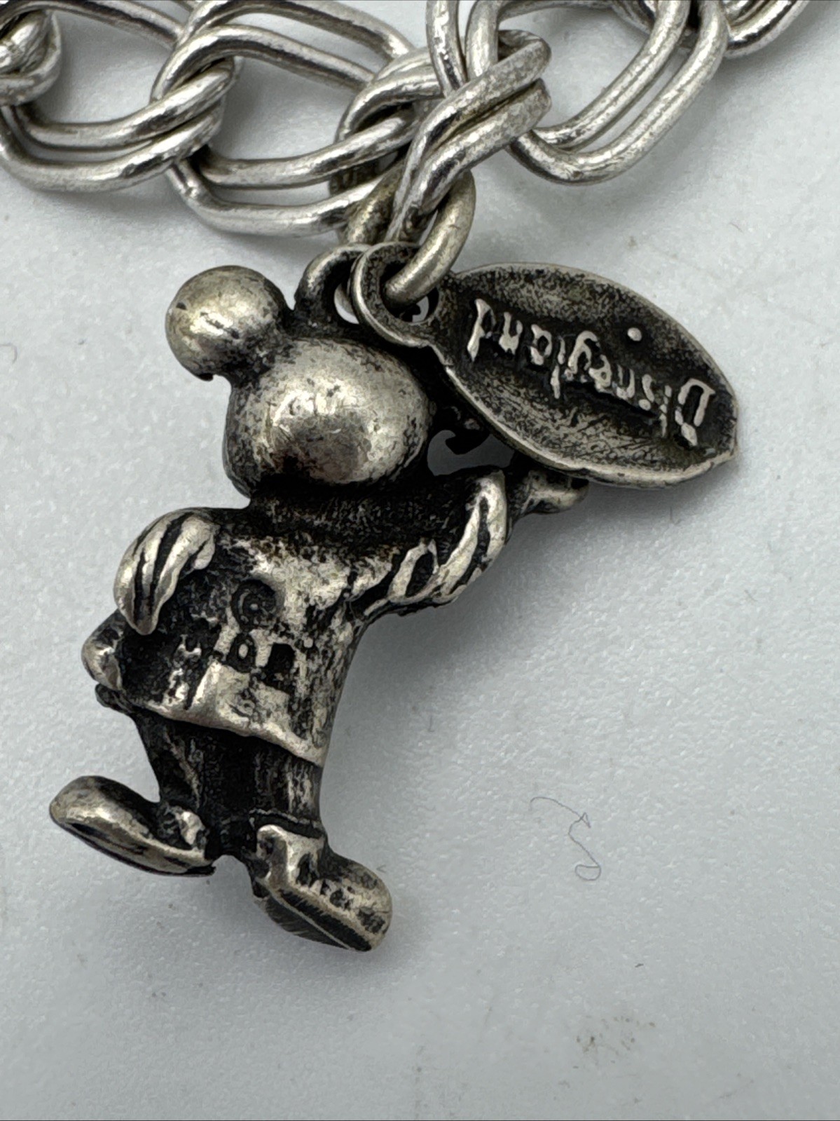 Vtg Sterling Silver 925 Double Link Chain Disney Micky Mouse Charm Bracelet 6.75