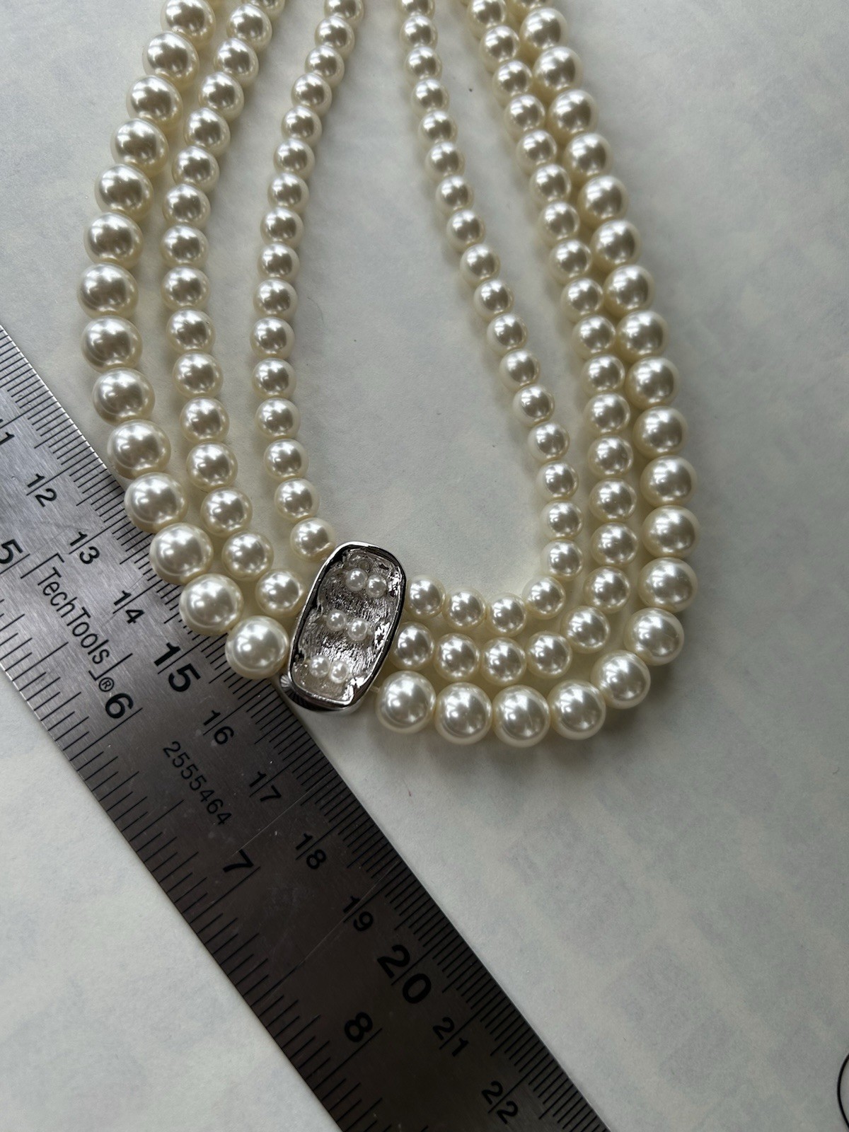 Vintage 3 Strand Pearl Necklace Silver Tone With Crystals 16” + Extender