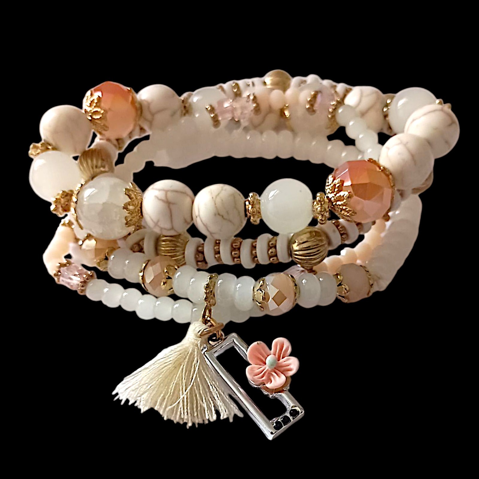 Y2K Multi Strand Beaded Bracelet Glass Stacked Floral Neutrals Fairy Indie Boho