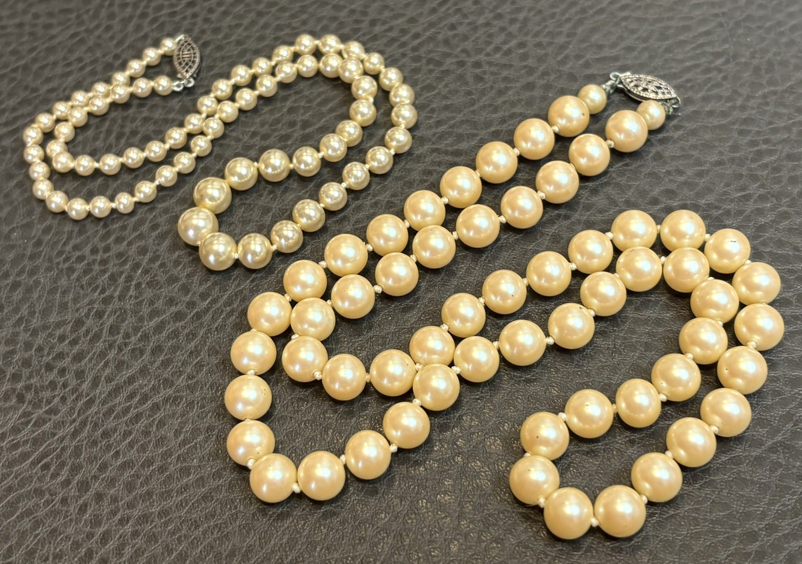 Vintage Lot Of 2 Sterling Silver Clasps Faux Pearls Hand Knotted Necklaces Layer