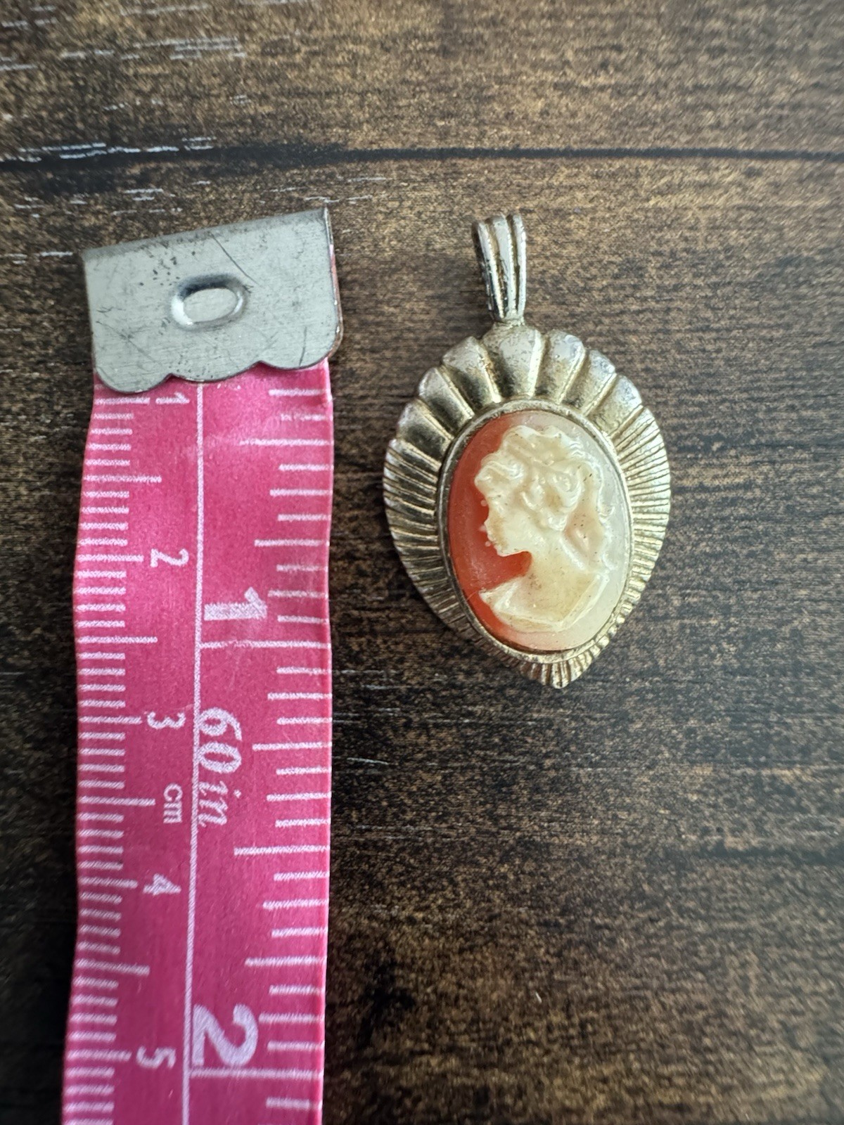 VINTAGE CAMEO LADY Gold Tone Orange & Cream Colored Carved Pendant For Necklace