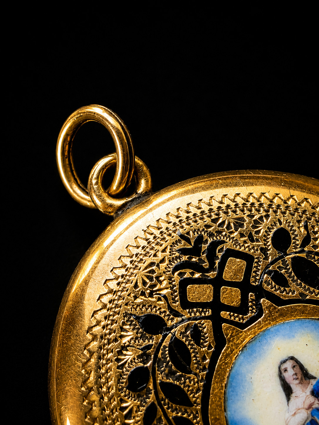 Antique Victorian 14K Gold Virgin Mary Enamel Locket Guilloche Religious Pendant