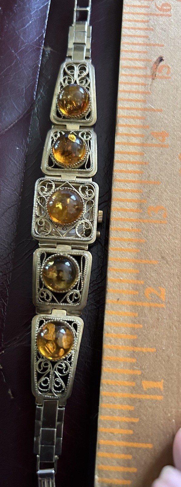 Vintage MCM Chika Baltic Amber Gold Plated 1950s USSR Hidden WATCH Bracelet