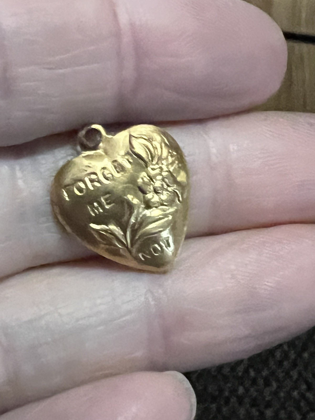 Heart Charm Pendant Necklace Vintage Brass Metal Stamping Forget Me Not .75”