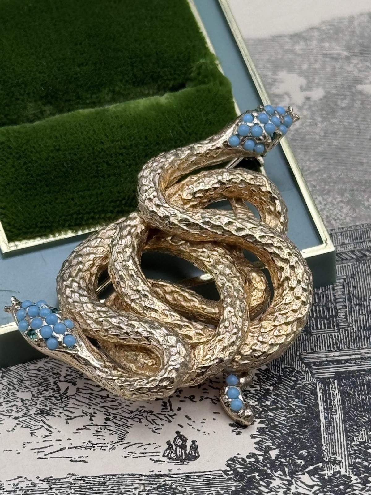Les Bernard Snake Brooch Goldtone Serpent Blue Cabochon 2” Signed Inc Vintage