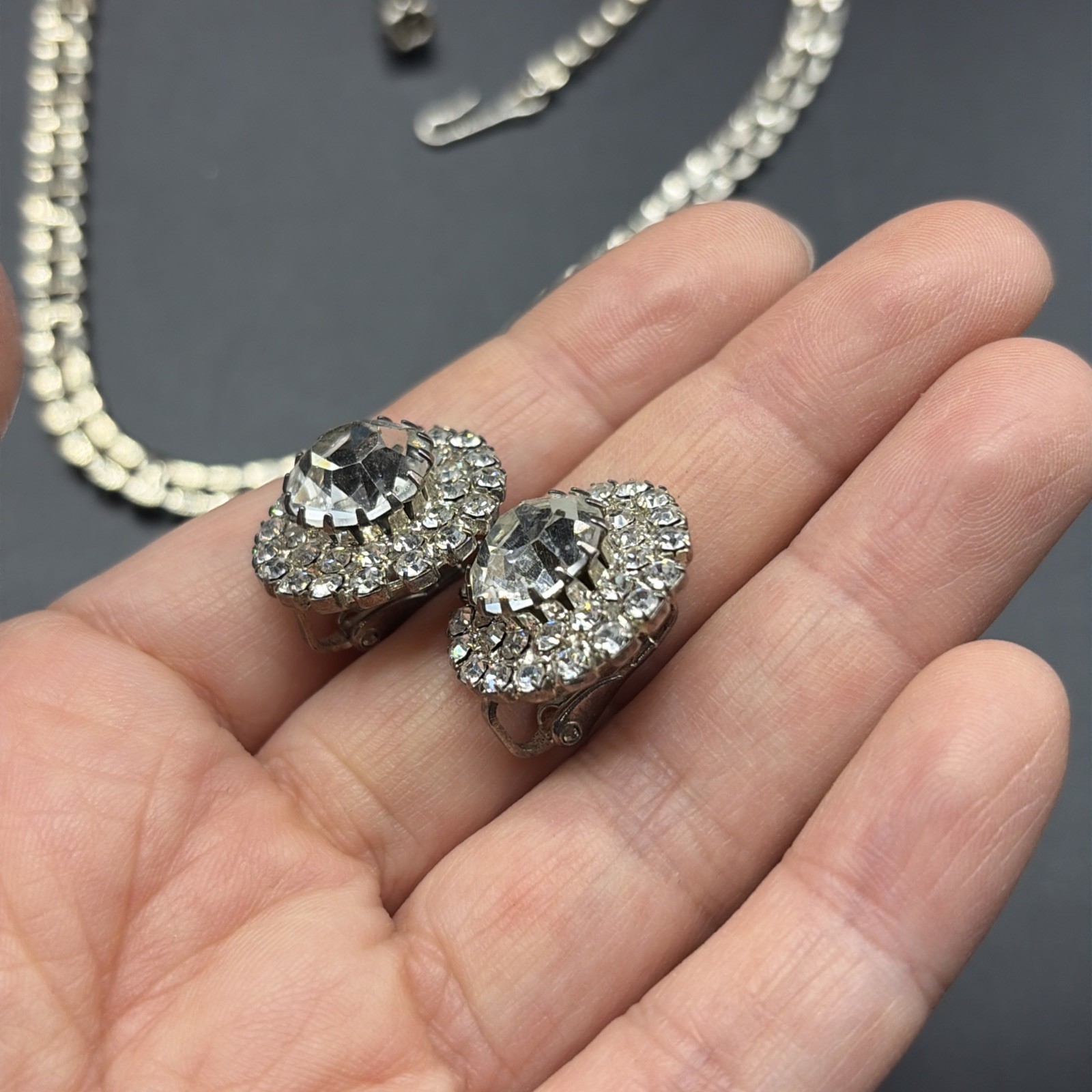 Vtg Estate AB Rhinestone Necklace & Earrings Jewelry Set Designer Quality Prong