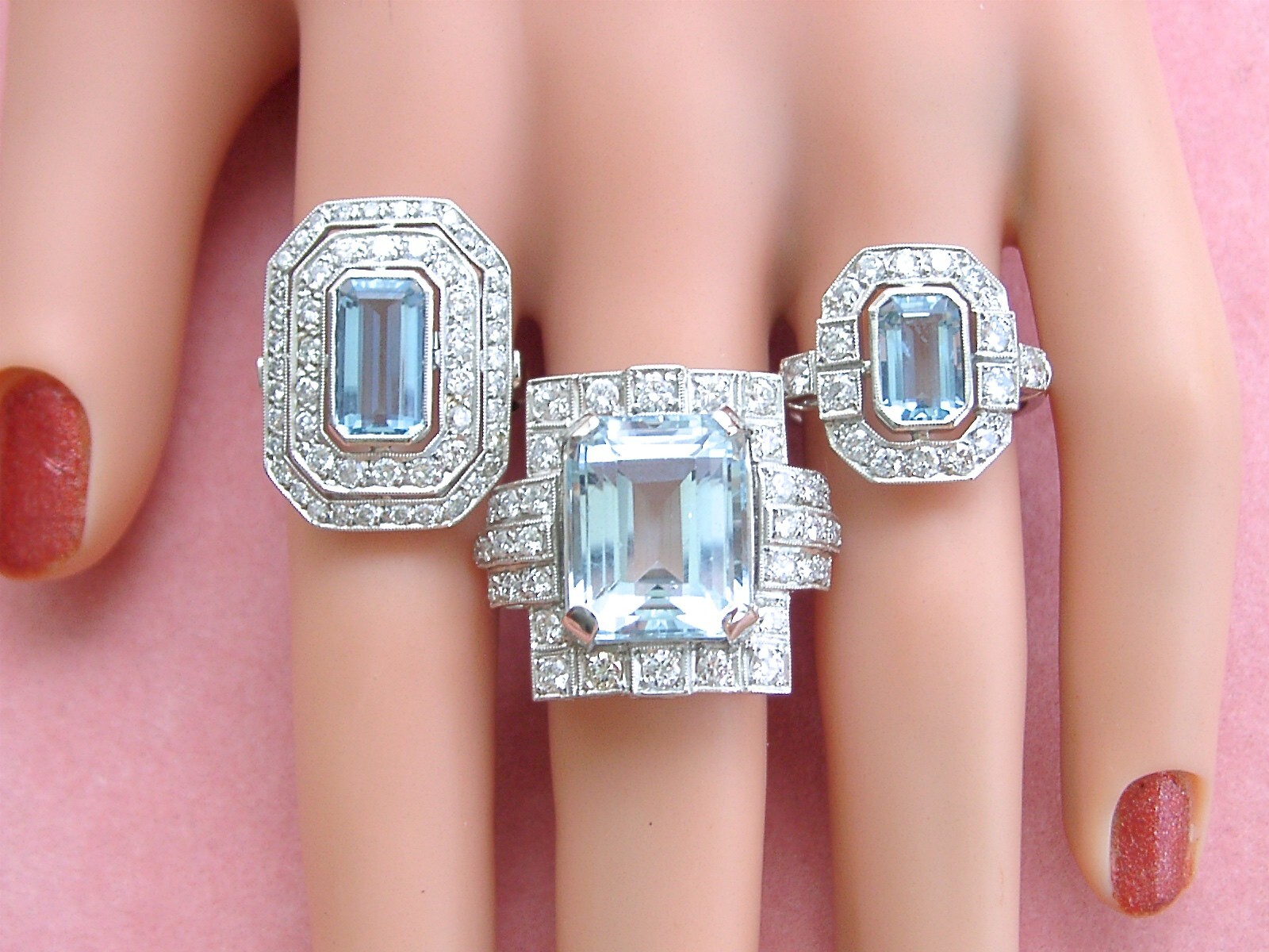 ESTATE DECO 1.55ct AQUAMARINE 1ctw OLD DIAMOND PLATINUM COCKTAIL RIGHT-HAND RING