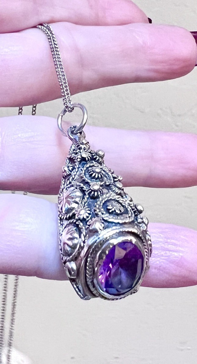 LOVELY Antique/Vintage Ornate Sterling Silver Cannetille Amethyst Necklace