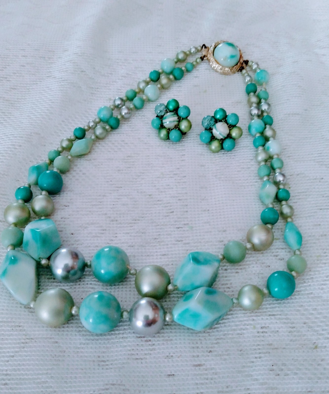 Vintage Two Stand Blue Chunky Beaded Necklace and Clip Earrings Set