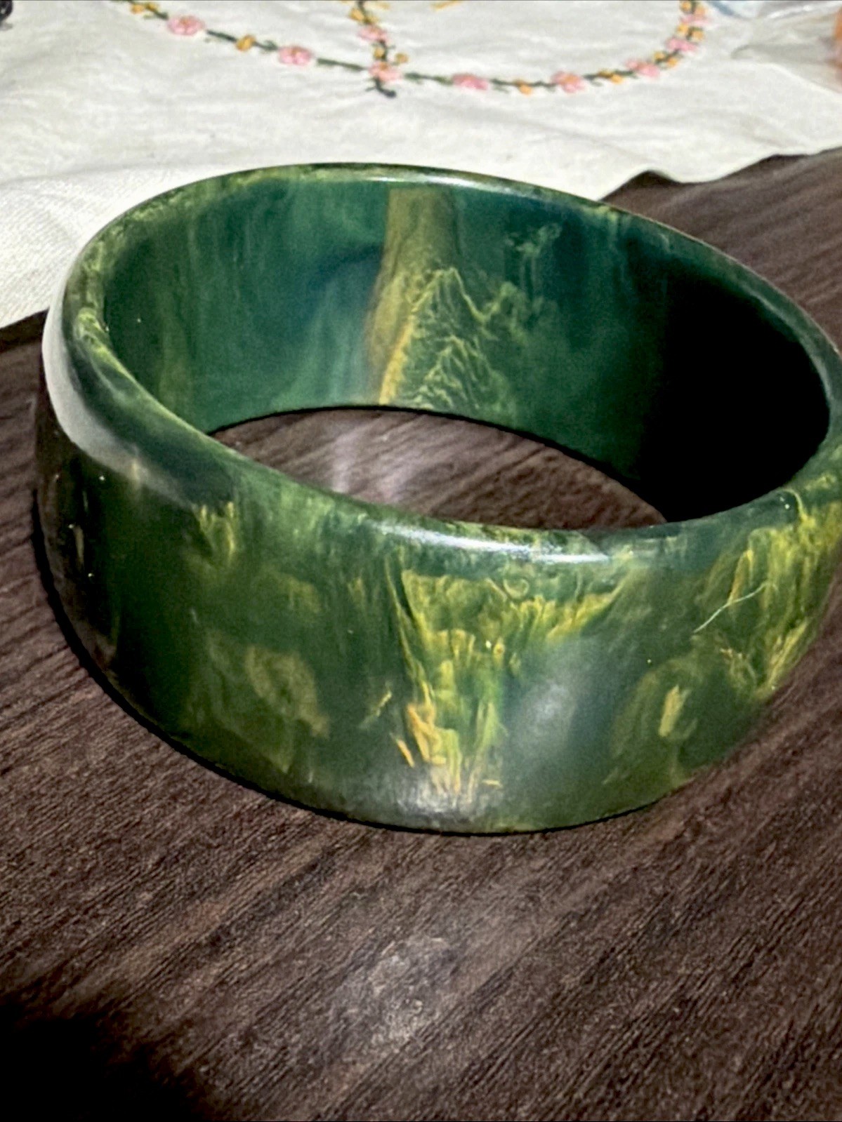 Vintage Blue Moon Wide 44g Bakelite Bangle Blue Green Marbled Bracelet Tested