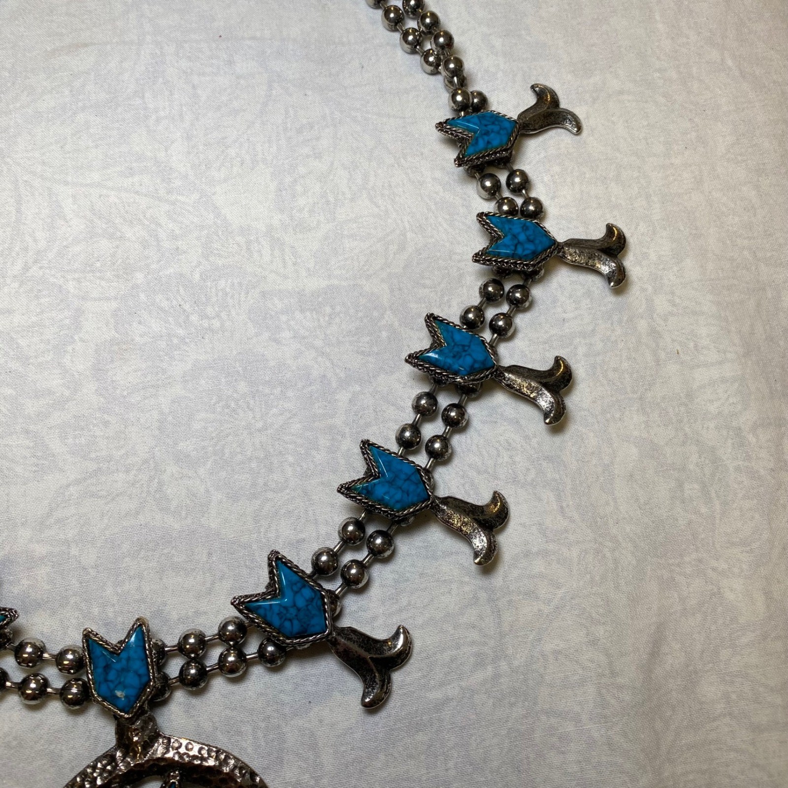 Vintage Southwestern Squash Blossom Style Necklace Turquoise Look Silver Tone