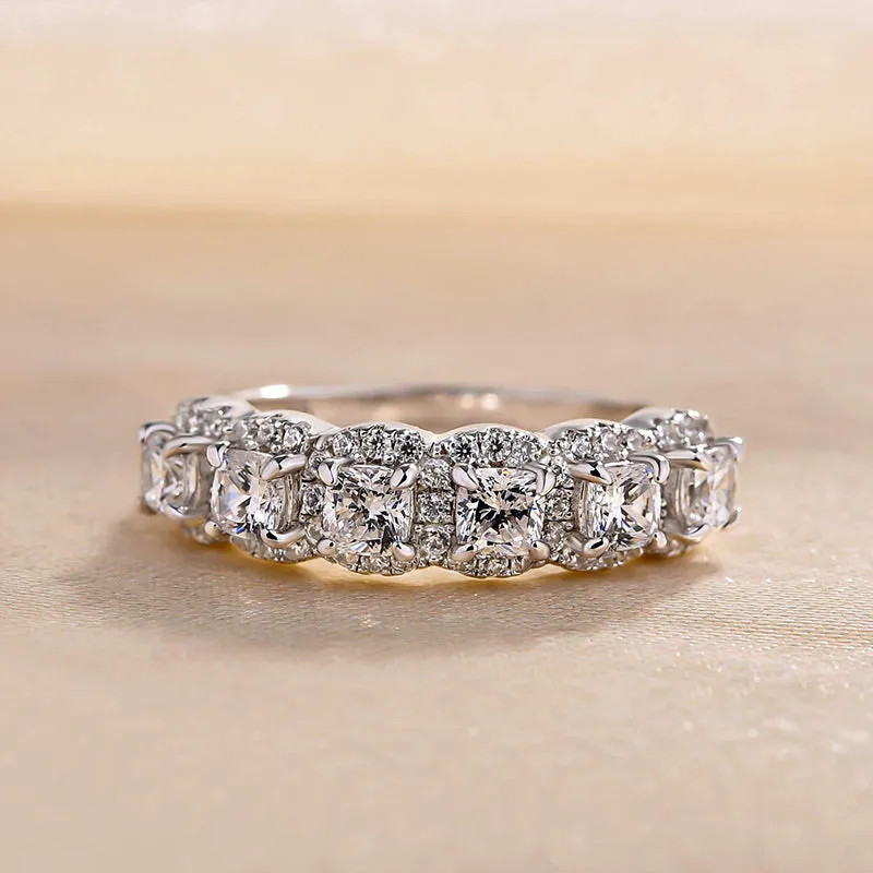 2 CTW White Cushion Cut Simulated Diamond Eternity Halo Wedding 925 Silver Ring