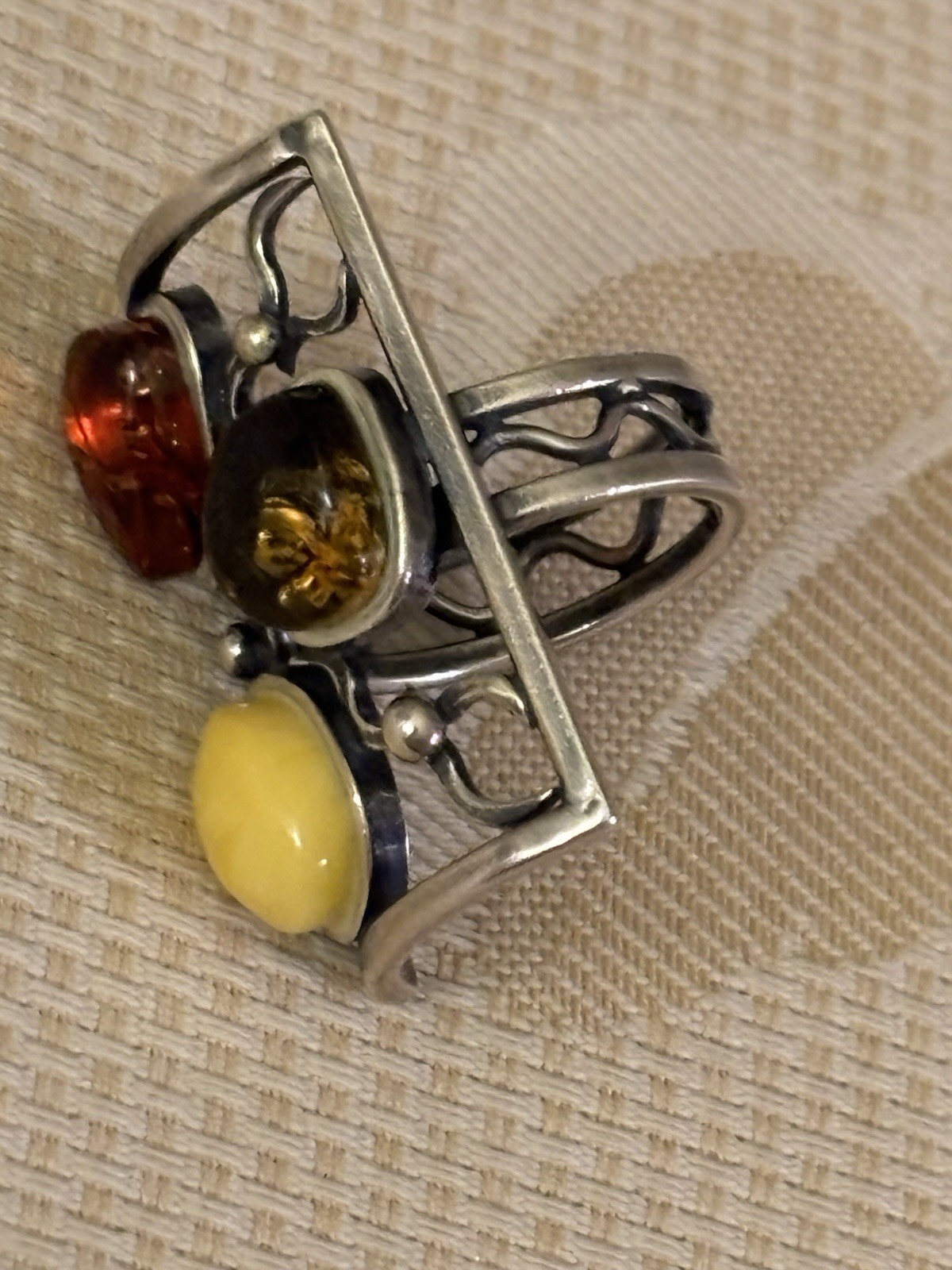 Vtg. HALLMARKED 925 Head Facing Right STERLING SILVER AMBER RING Hand Made 7.5