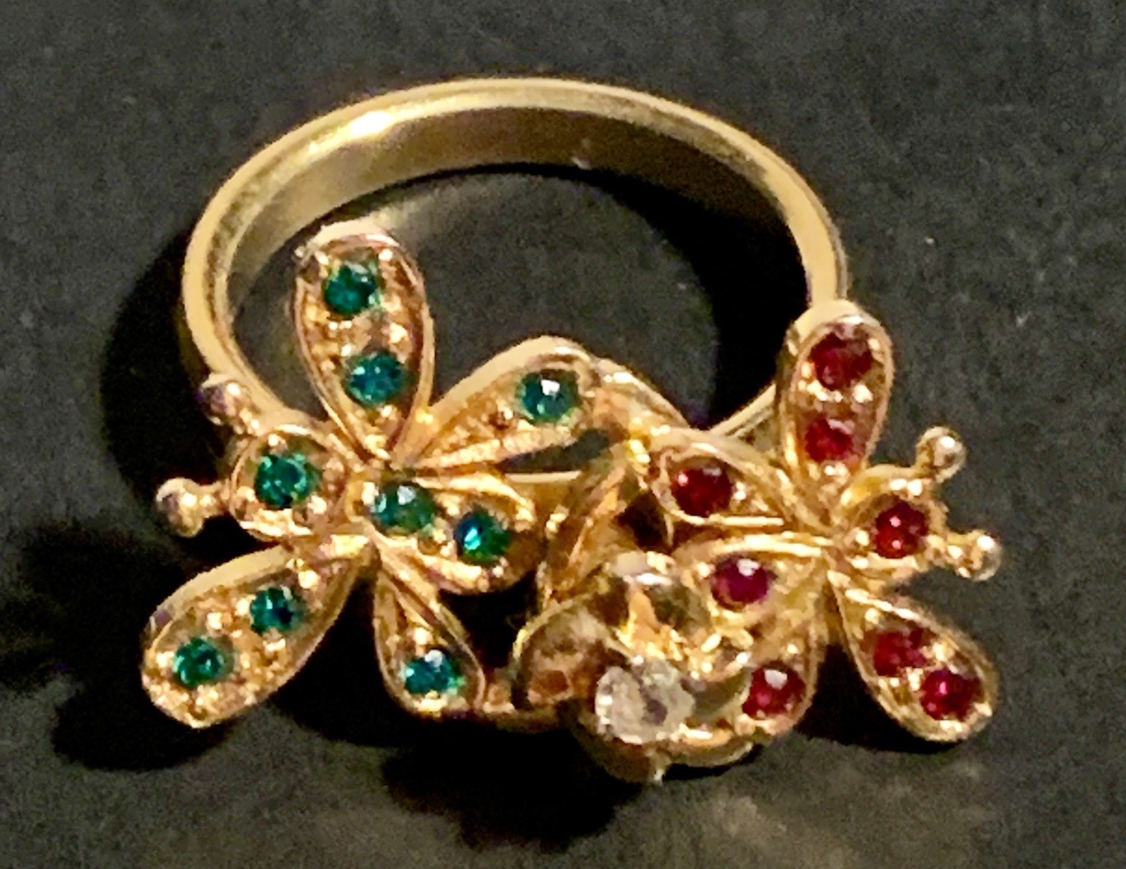 Gold Tone Spinning Butterfly Ring Rhinestone Red Green Gemstones Vintage