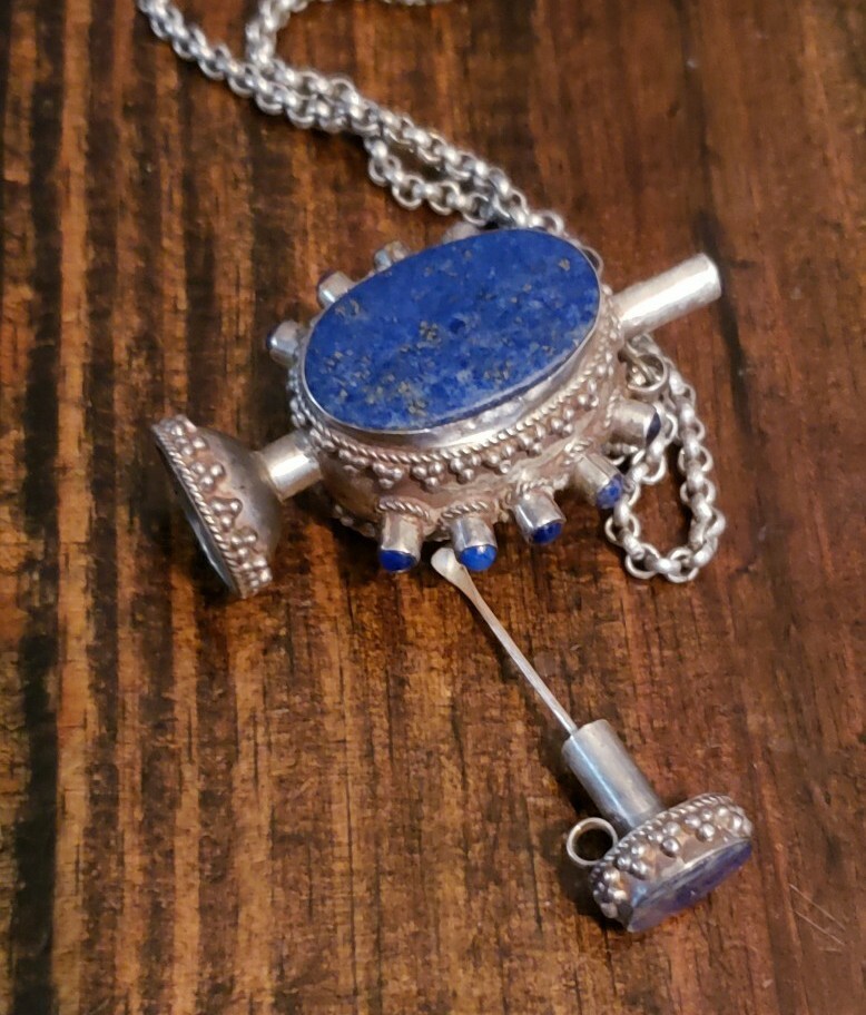Vintage Sterling silver lapis Perfume Bottle Necklace 64 Grams