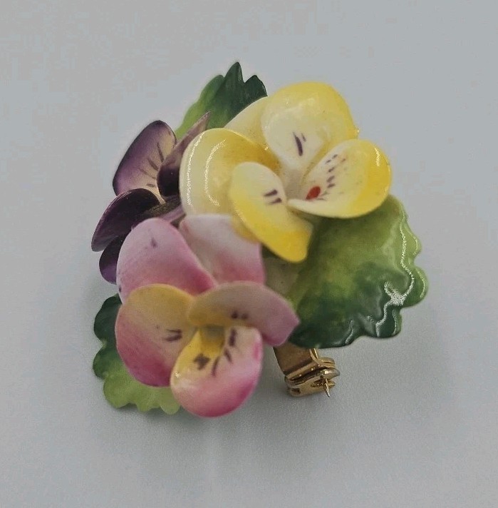 Cara China Staffordshire Pansy Purple, Pink & Yellow Brooch Pin Signed England