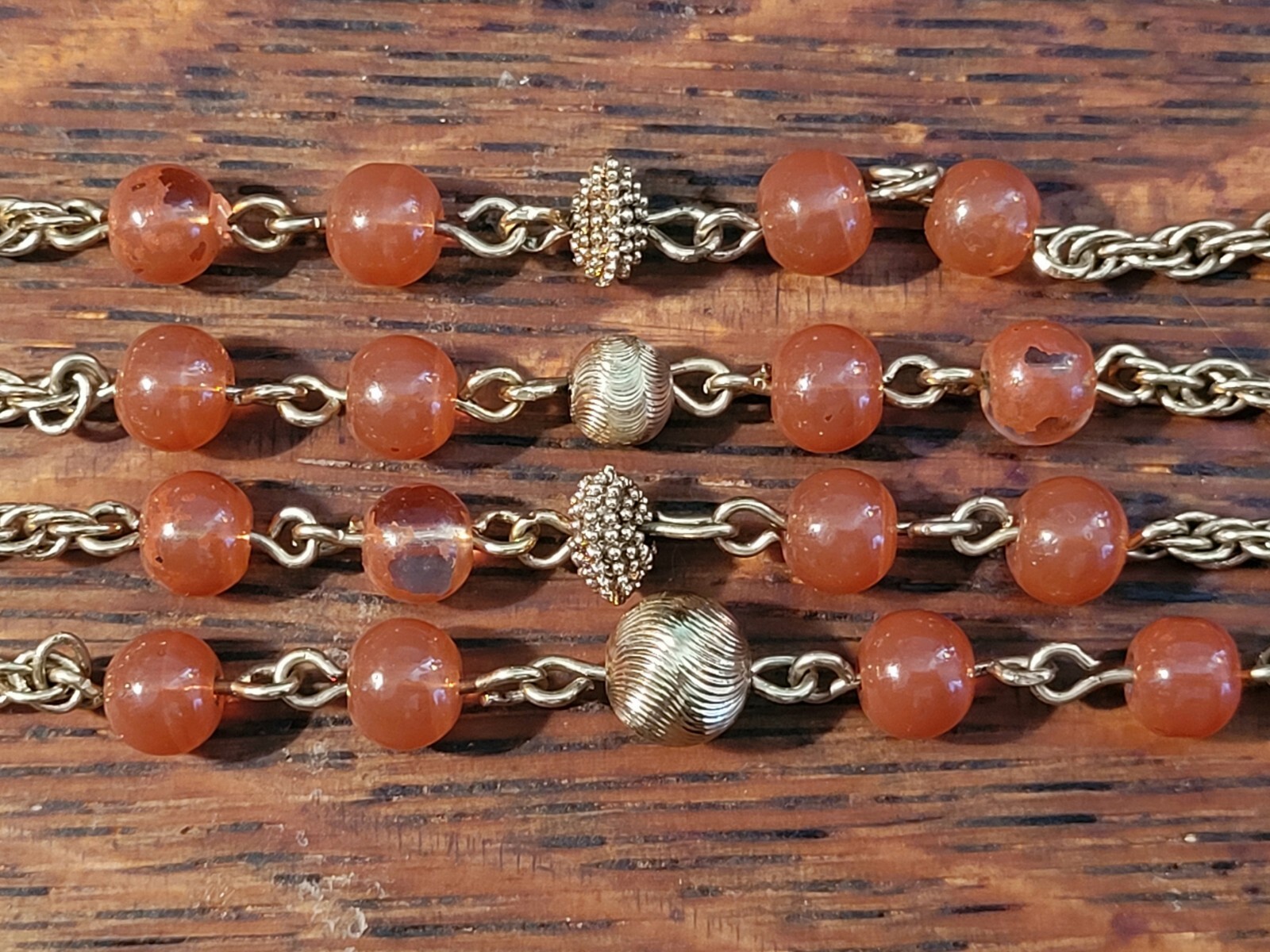MONET ~ Vintage Gold Tone Two Chain Necklace With Brown & Orange Beads