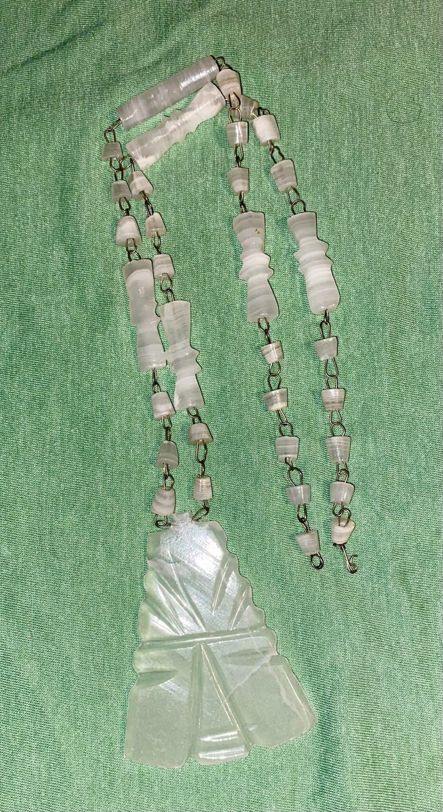 Vtg Mexican Agate White Etched Necklace Pendant Beaded Aztec