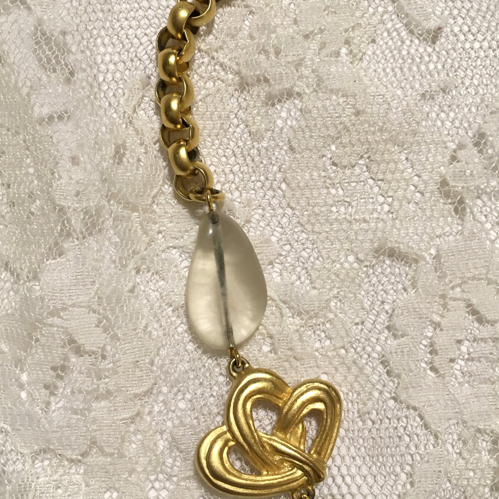 Gold Tone Clear Bead Statement Necklace Floral Open Design Round Links