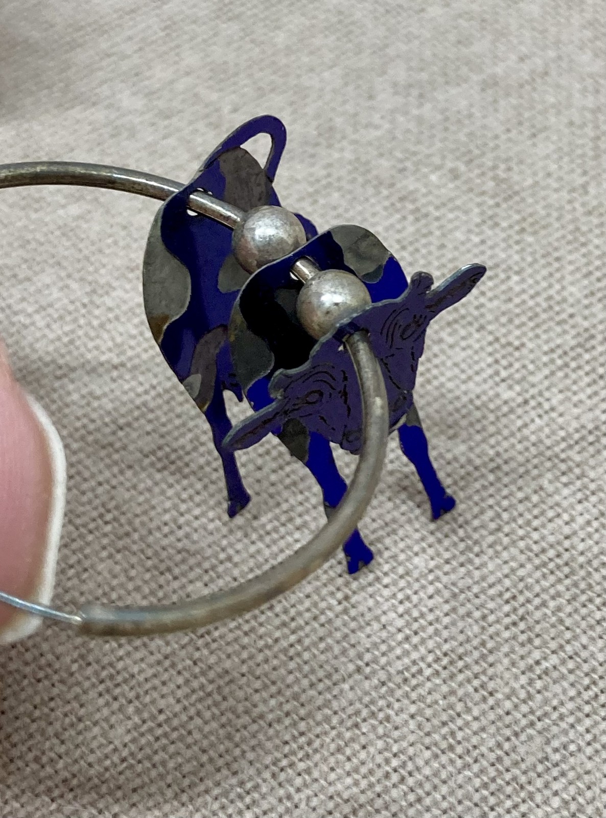 Vtg Sterling Silver 925 Blue Cow Hoop Pierced Earrings Animal Charm Dangle Drop