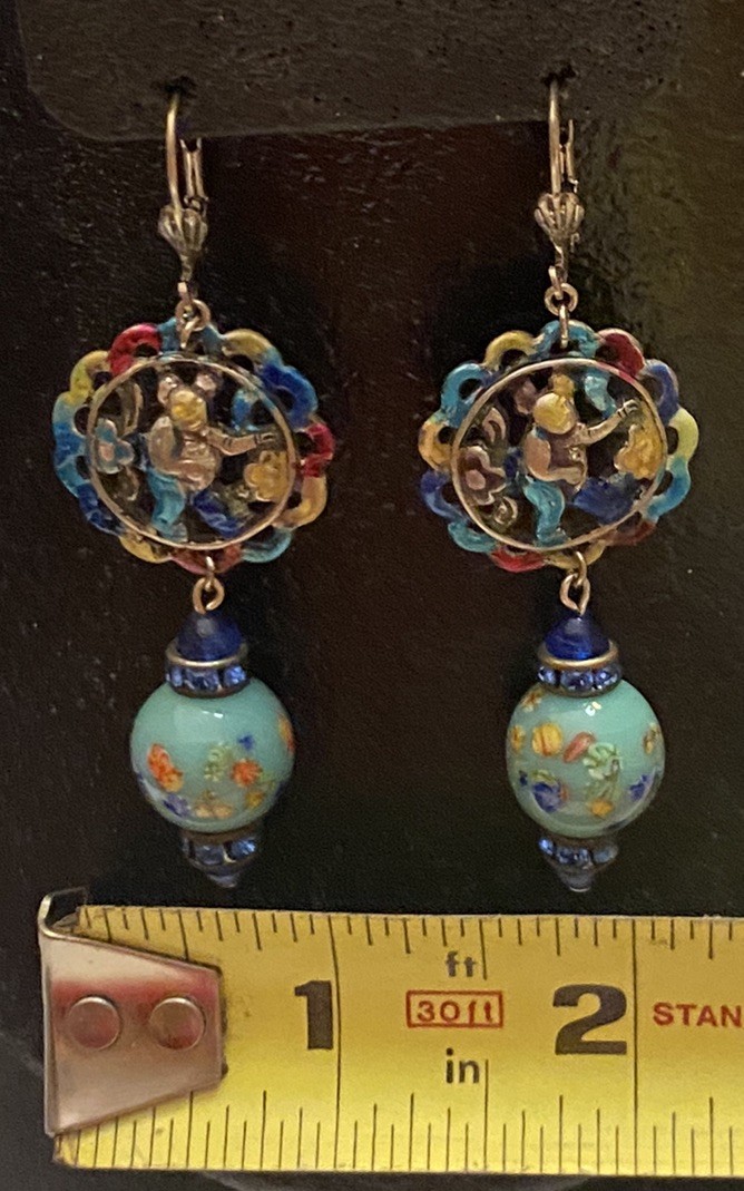 Vintage Asian Themed Colorful Ronde Bosse Enamel Art Glass Rhinestone Earrings