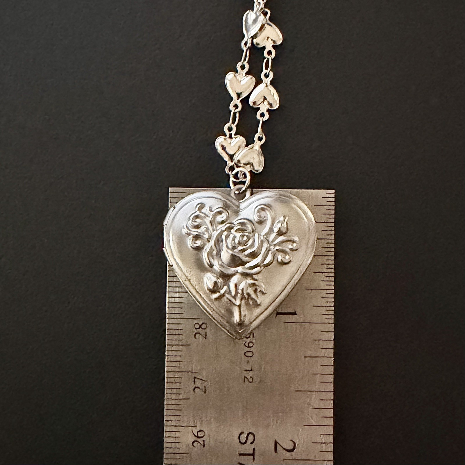 Vintage Silver Tin Rose Style Heart Locket with Tiny Hearts Link Chain 🩶
