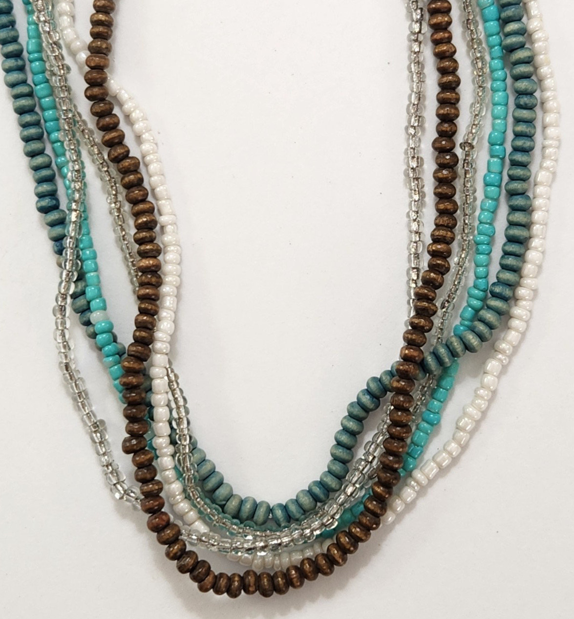 Vtg 6 Strand Seed Bead Necklace Earthtones Wood Glass Boho Native Southwestern