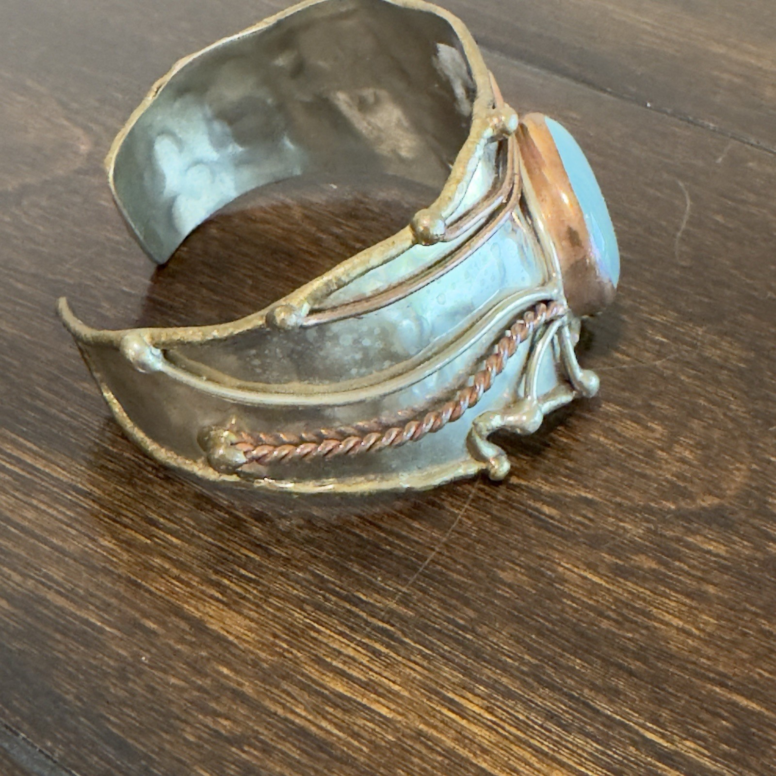 Vintage Brass Silver Mixed Metal Artisan WIDE Cuff MCM Brutalist Boho Bracelet