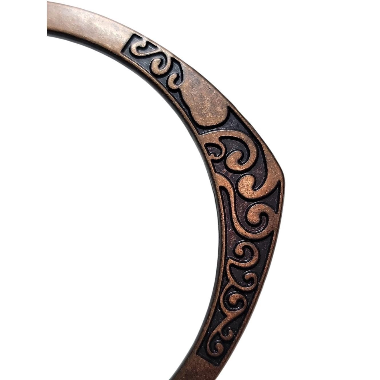 Vintage Copper Tone Etched Scroll Bangle Bracelet Dark Patina Boho Size 8.5