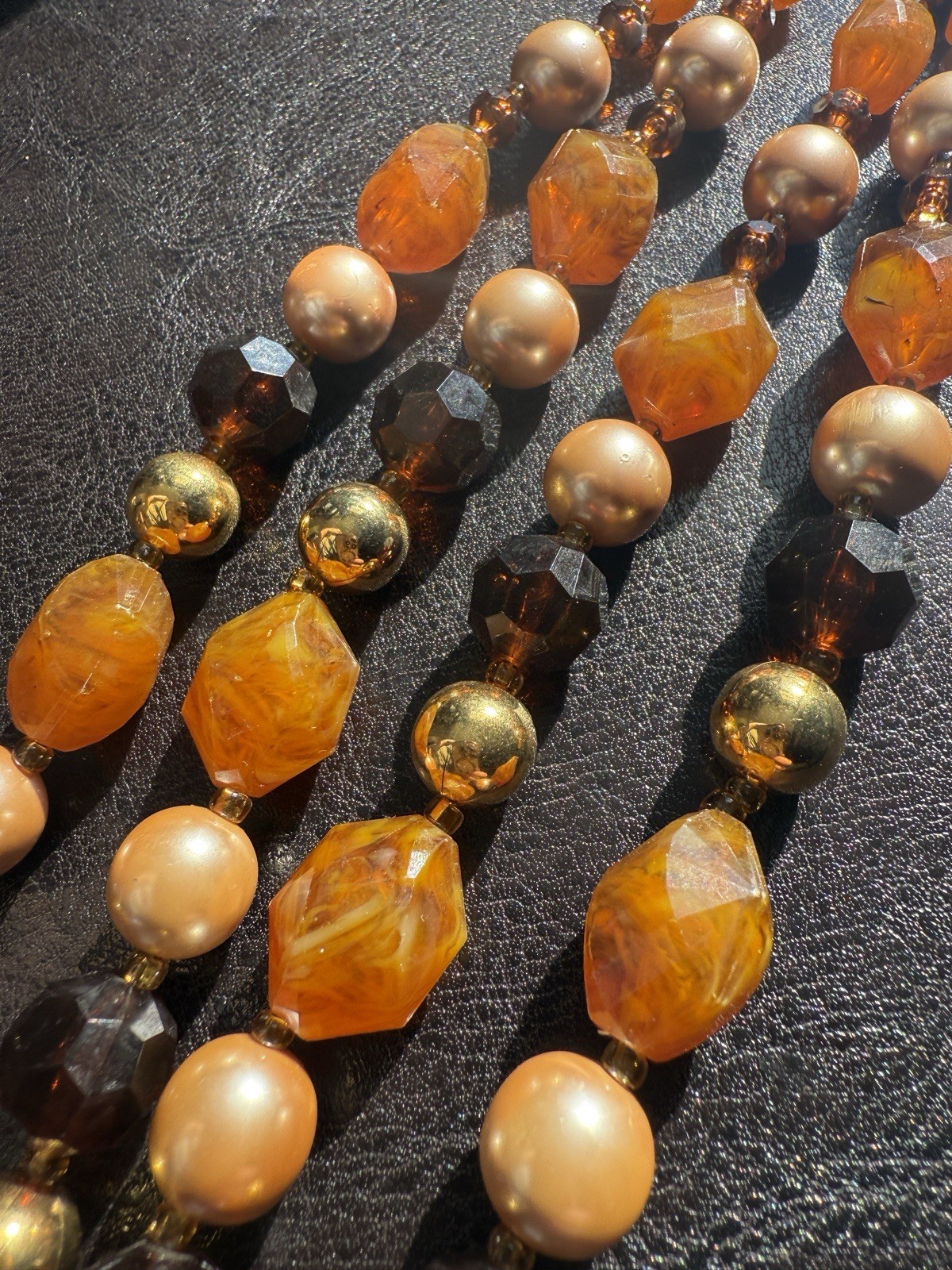 Vintage Made In France Multi Strand Amber Glass Faux Pearl Necklace 1960s-70s