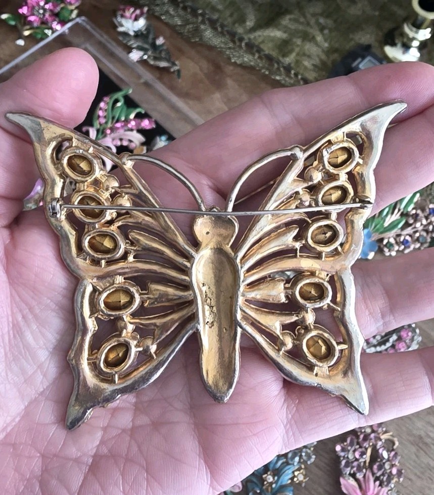 Huge Goldtone Deco Butterfly Brooch 4 In Span