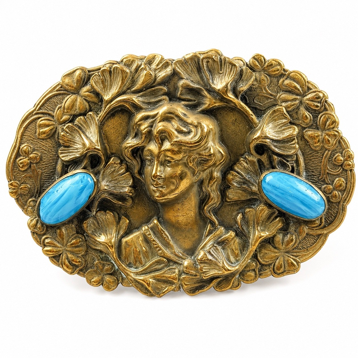 VTG Art Nouveau Revival Repousse Maiden Sash Pin Brooch Ginkgo Faux Turquoise