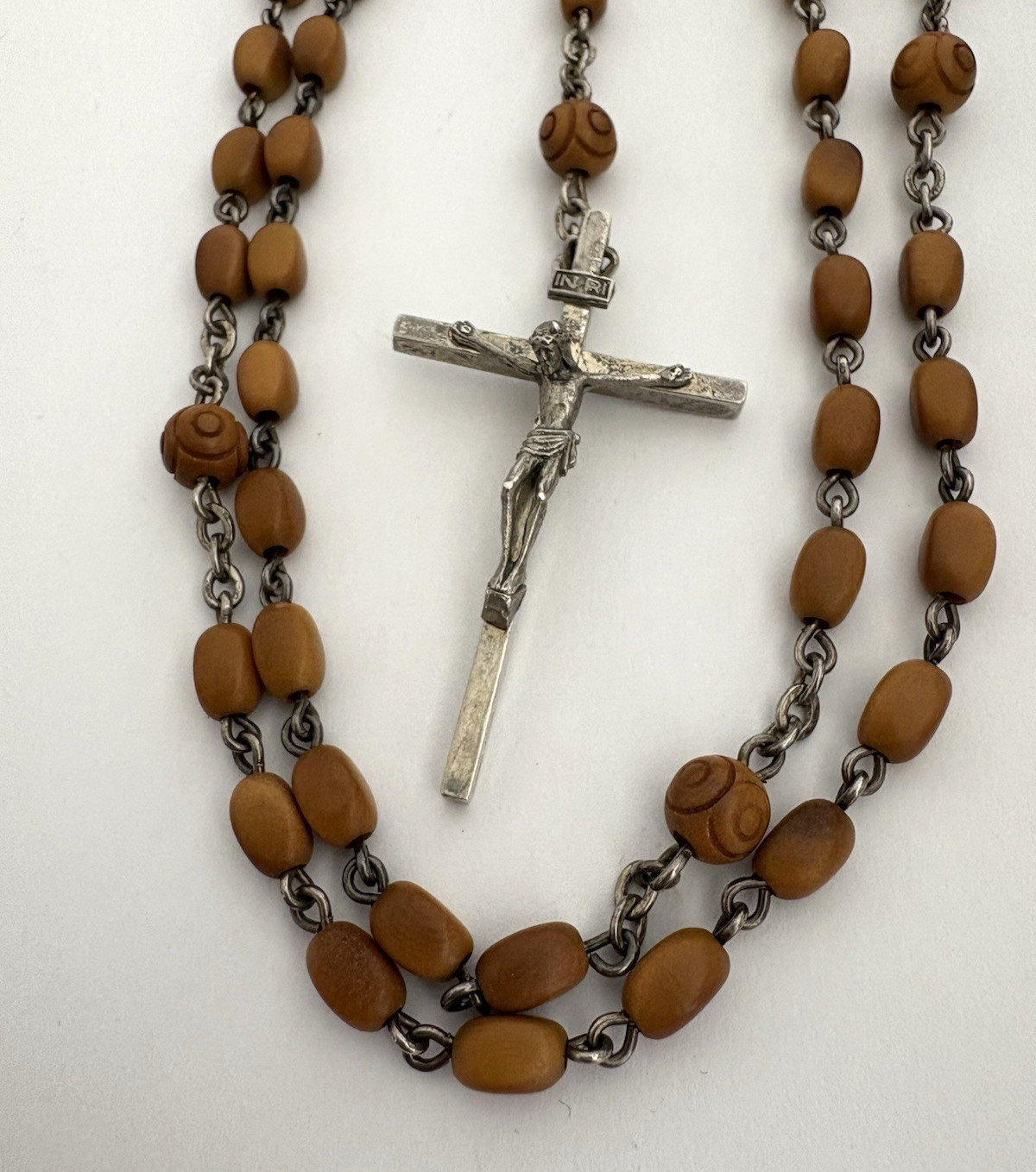 Antique Vintage Sterling Silver 925 ITALY Catholic Rosary Carved Beads Necklace