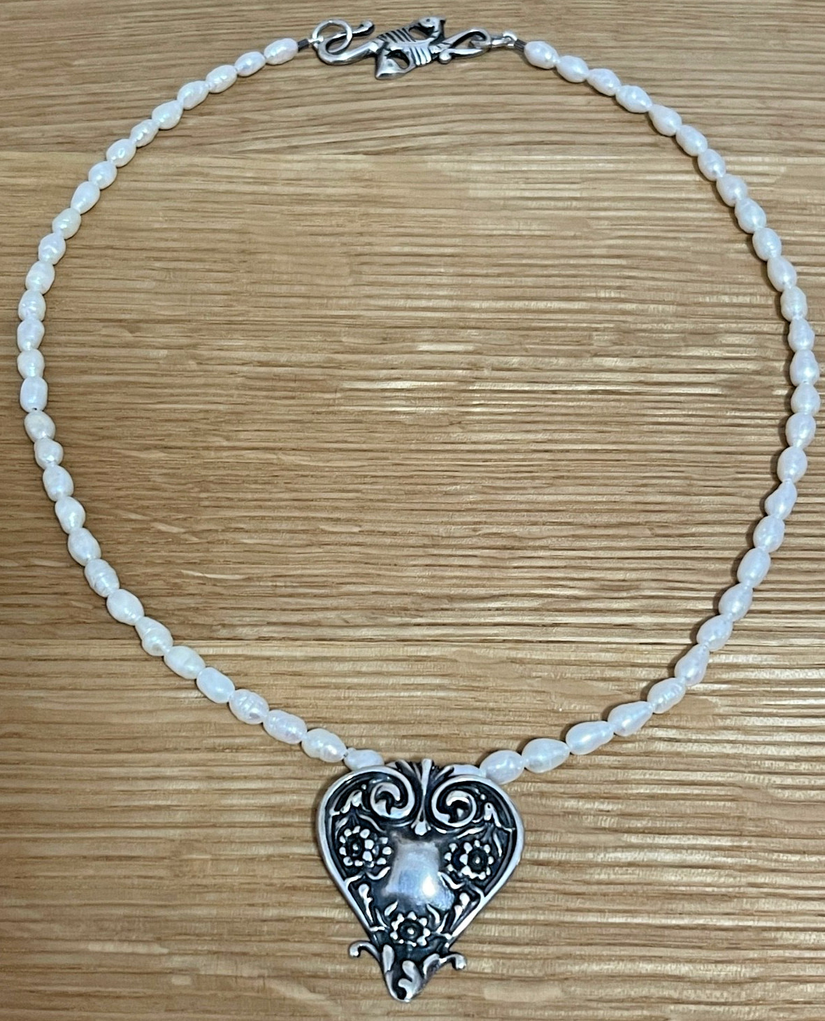 Rare T FOREE Sterling Heart Pendant & “Fish Hook” Clasp Pearl Necklace