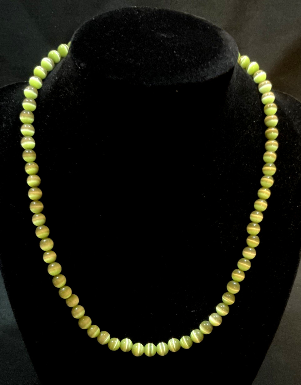 Vintage Lime Green Cats Eye 17” Bead Necklace Stunning!