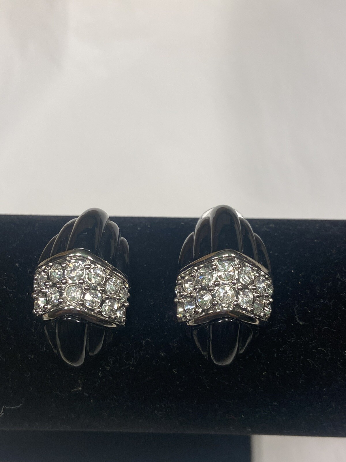 Kenneth Jay Lane KJL Black Carved Earring with Clear Crystals, Post Backs