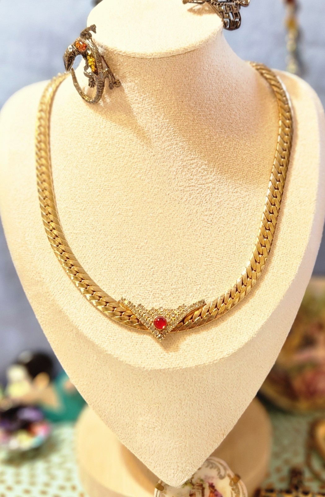 Flat Gold-toned Necklace V Shape Rhinestones Station Pendant & A Red Dot Glass