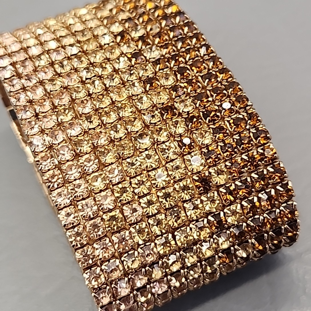 Wide Rhinestone Stretch Bracelet Ambre Peach to Brown 6.75″