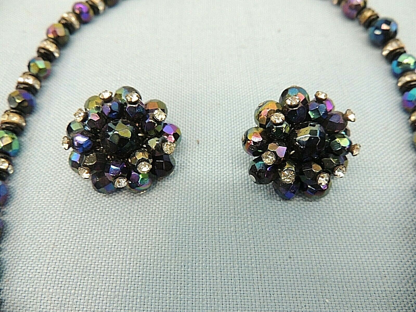 VINTAGE NECKLACE AND CLIP-BACK EARRINGS, BLUE AND PURPLE BEADS